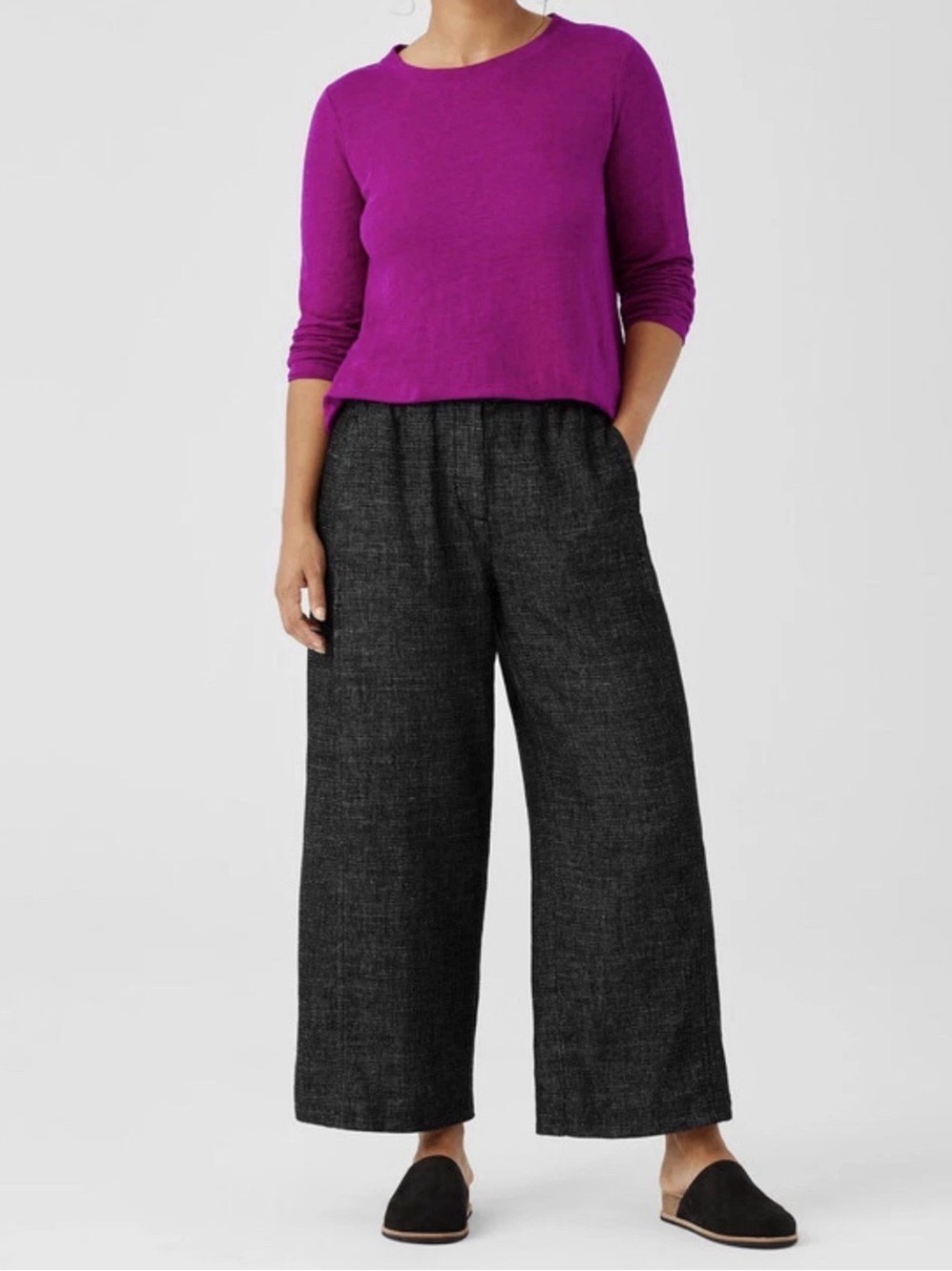 Eileen Fisher Black Wide Leg Linen Cotton Blend Pants